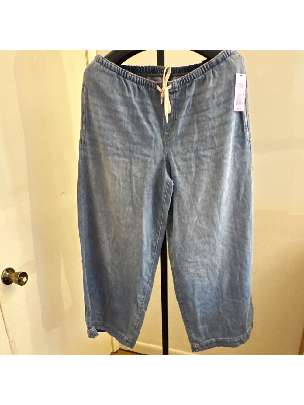 Women’s Blue Light Wash Denim wide leg Y2K Jeans Large Drawstring Elastic Waist